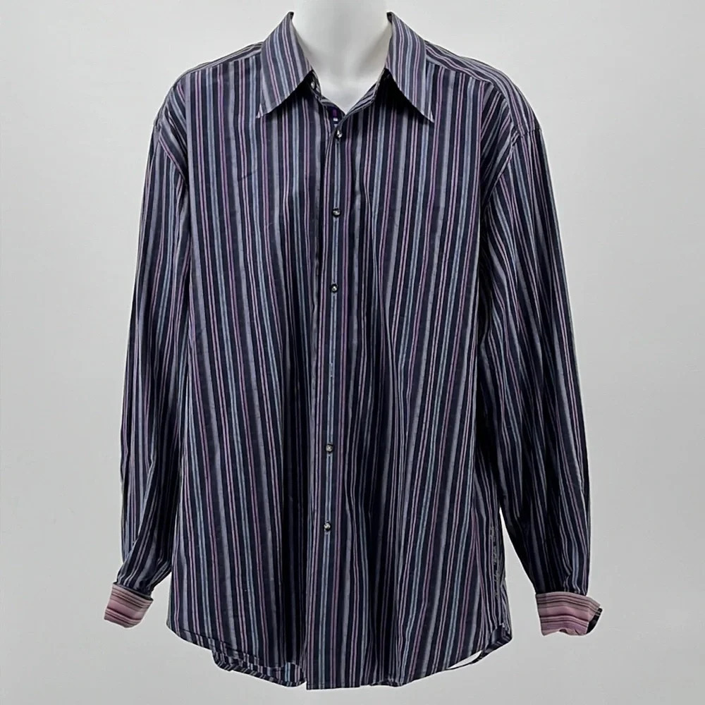 Robert Graham Cotton & Silk Striped Button Front Long Sleeve Shirt - Size 2XL